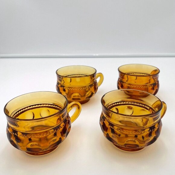 Vintage King’s Crown Amber Thumbprint Tea Cups – Set of 4 | Short King's Crown S - Picture 3 of 5
